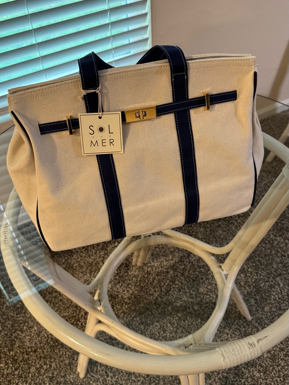 SOL and MER Cream Canvas Tote with Navy Trim